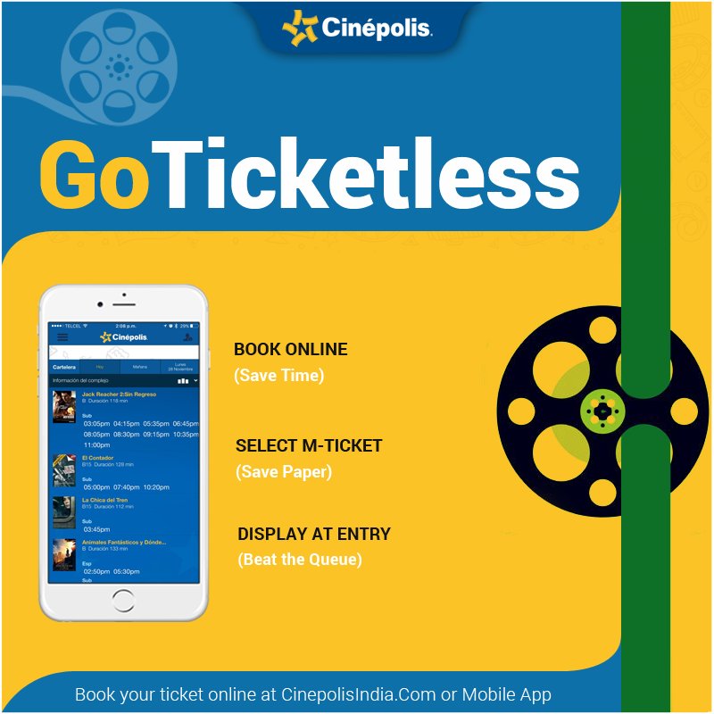 IndiaCinepolis's tweet photo. #GoTicketless
Don't waste your time standing in the long queue. Book you ticket online at https://t.co/3F9IXjvDfJ or Mobile APP. https://t.co/ISB9Y0TSh1