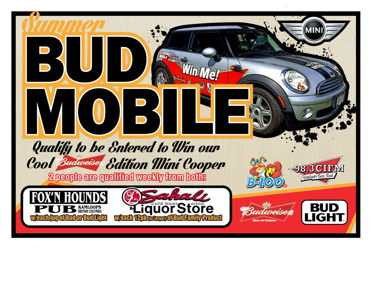 foxnhoundspub's tweet image. There&apos;s still time to get your entries to win this #MiniCooper! Simply buy a jug of #Budweiser to get your entries in!
#Kamloop #WinACar
