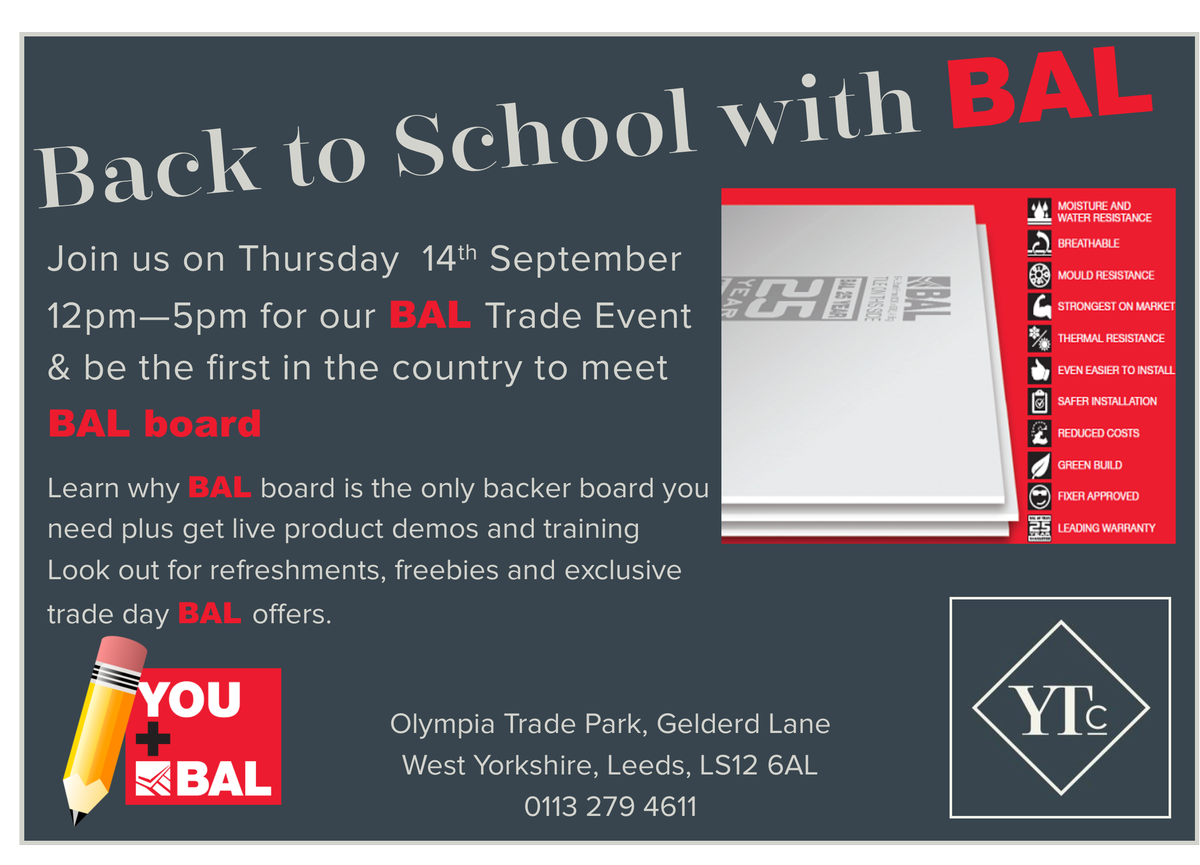 ytctiles's tweet image. Join us at our Leeds store on Thursday 14th September for our @BALtiling trade event and be the first in the UK to meet BAL Board