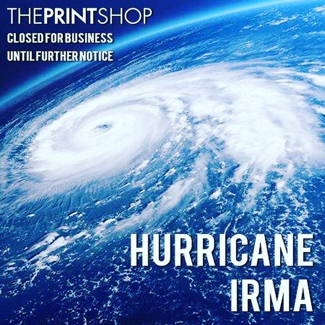theprintshopsav's tweet photo. The Print Shop will close TODAY (8/7) at 5:00 until the storm has passed and it is safe for our staff to return.
#hurricaneirma #savannah https://t.co/xUxb6s38OO