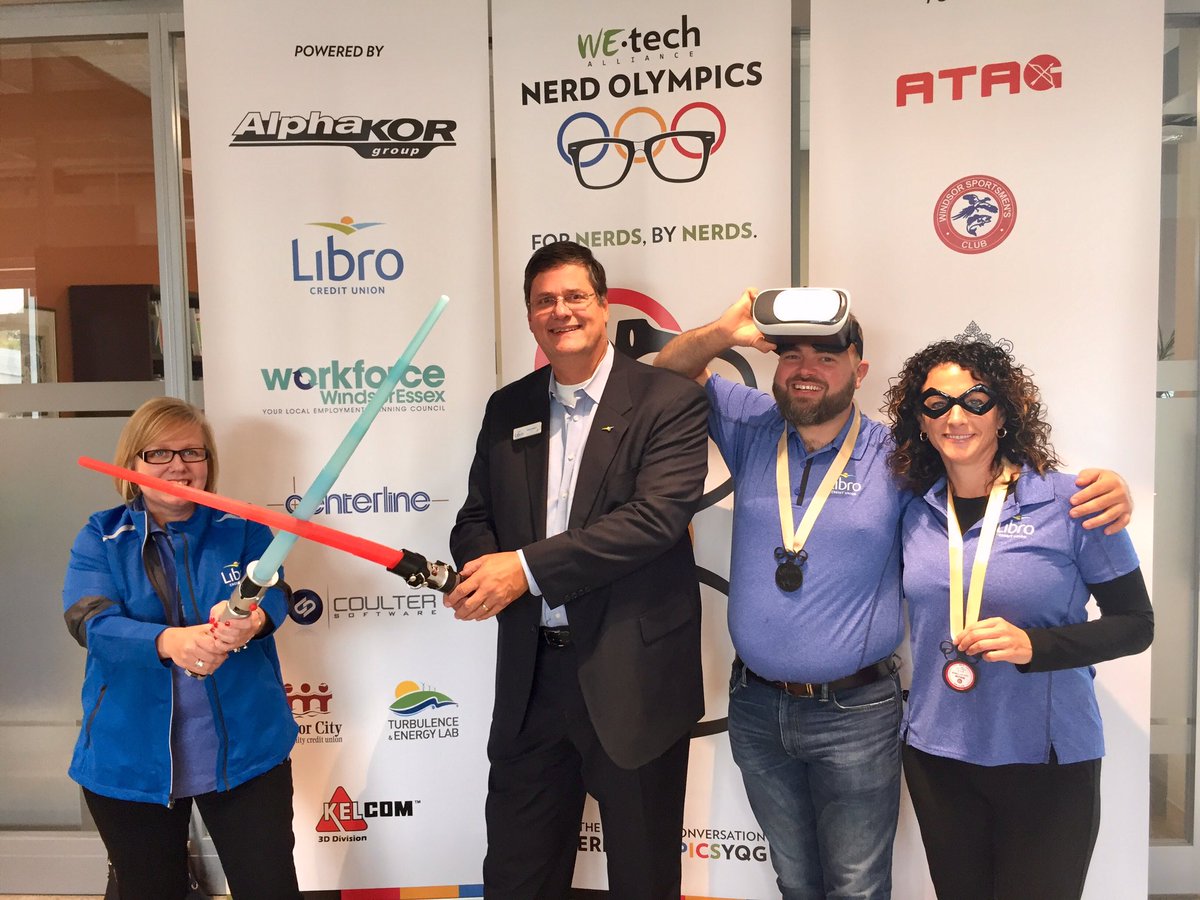 WEtechAlliance's tweet photo. Getting nerdy with our friends @LibroCU, #NerdOlympicsYQG Closing Ceremonies sponsors! #YQG https://t.co/xxIgC71dWP