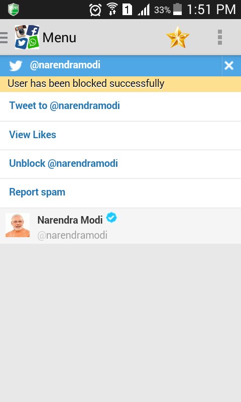 #BlockNarendraModi 
I've blocked <a href="/narendramodi/">Narendra Modi</a> Did U?