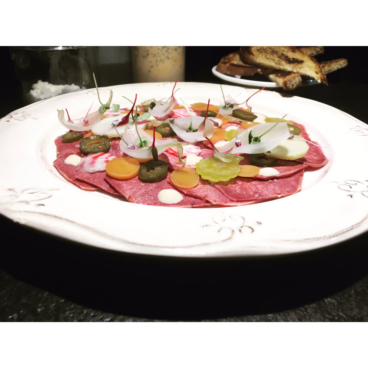 gallorozco's tweet photo. Nuevo !!! En @Merkava_mx Carpaccio de lengua curada, verduras encurtidas y aderezo ruso. #israelifood #jerusalemkitchen https://t.co/DZDpWKWQaE