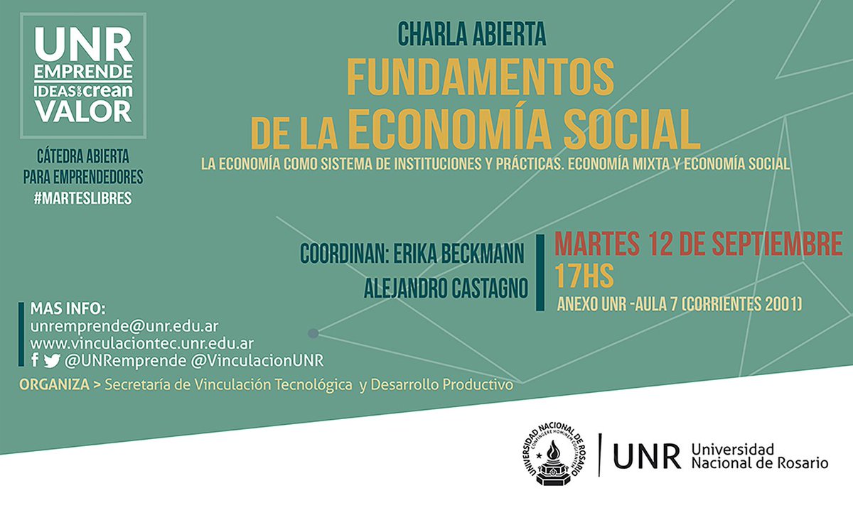 UNRemprende's tweet photo. Semana que viene: charla abierta "Fundamentos de la Economía Social" a cargo de @alecastagno @ErikaBeckmann01 #marteslibres #UNREmprende2017 https://t.co/RDRaDkQ6fe