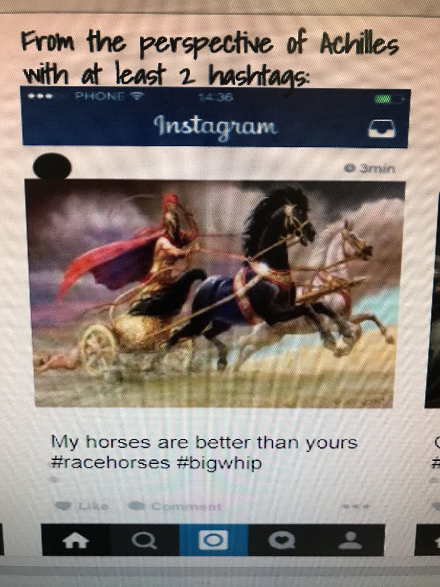 My seniors enjoyed making some unique captions and hashtags following our reading of The Iliad. #21stCenturyIliad #AchillesInstagram