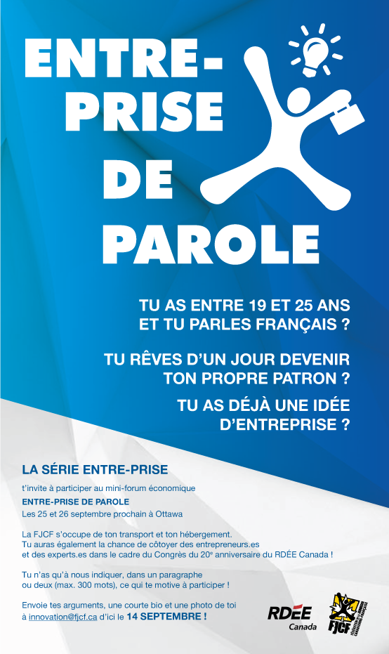 fjcf_ca's tweet photo. Tu as entre 19 et 25 ans et tu as une idée d'entreprise? Inscris-toi à notre mini-forum Entre-prise de parole d'ici le 14 septembre! https://t.co/CB3tdSeo69