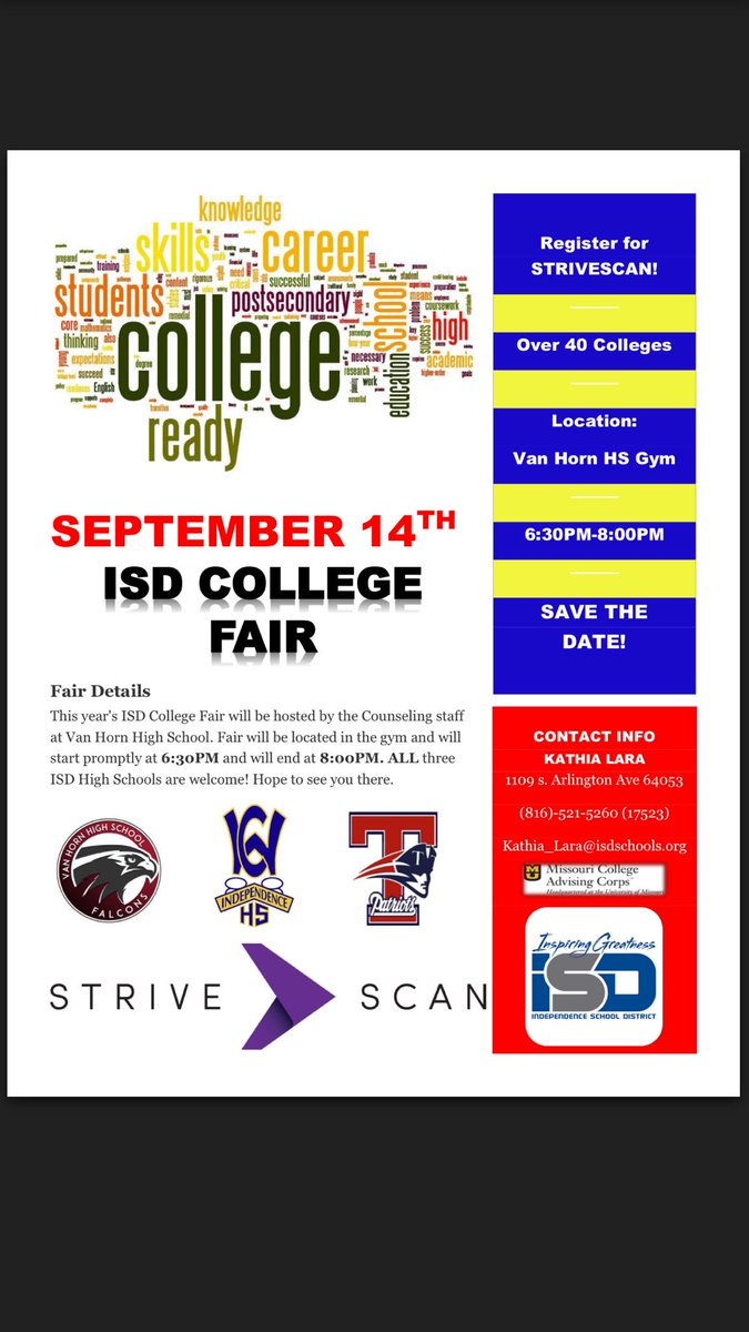 The ISD College Fair will be Sept. 14th @ Van Horn High School from 6:30-8:00 pm. Make sure you stop by to meet with college reps! 🤗