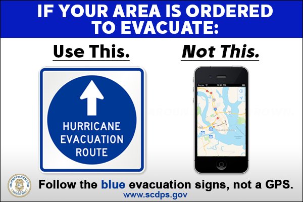 theSCDPS's tweet photo. In the event of an SC evacuation order, follow the official evacuation route signs. Do not use a GPS during this time. #Irma https://t.co/PyH2q4LbGh