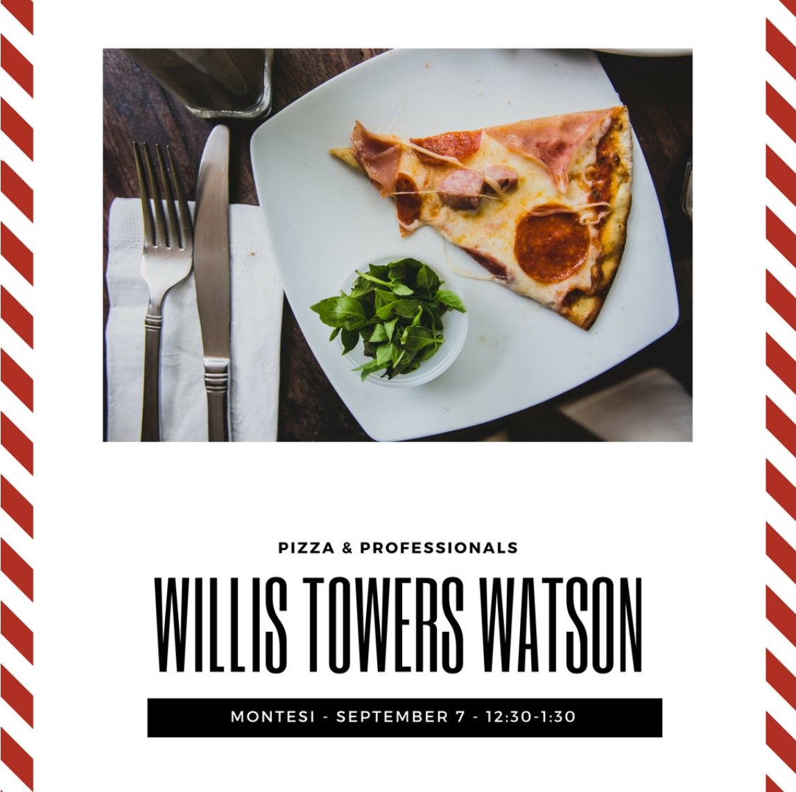 CBUCareer's tweet photo. Come out to Montesi today to learn about Willis Towers Watson and get free pizza!! #cbucareer https://t.co/HH9EgJVp4C
