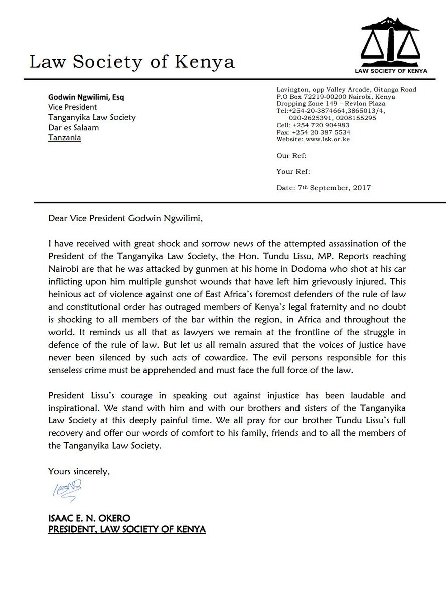 lawsocietykenya's tweet photo. The attempted assasination of the Pres of the Tanganyika Law Society is an act of cowardice which can never silence the voice of justice. https://t.co/fepHHRw6JM