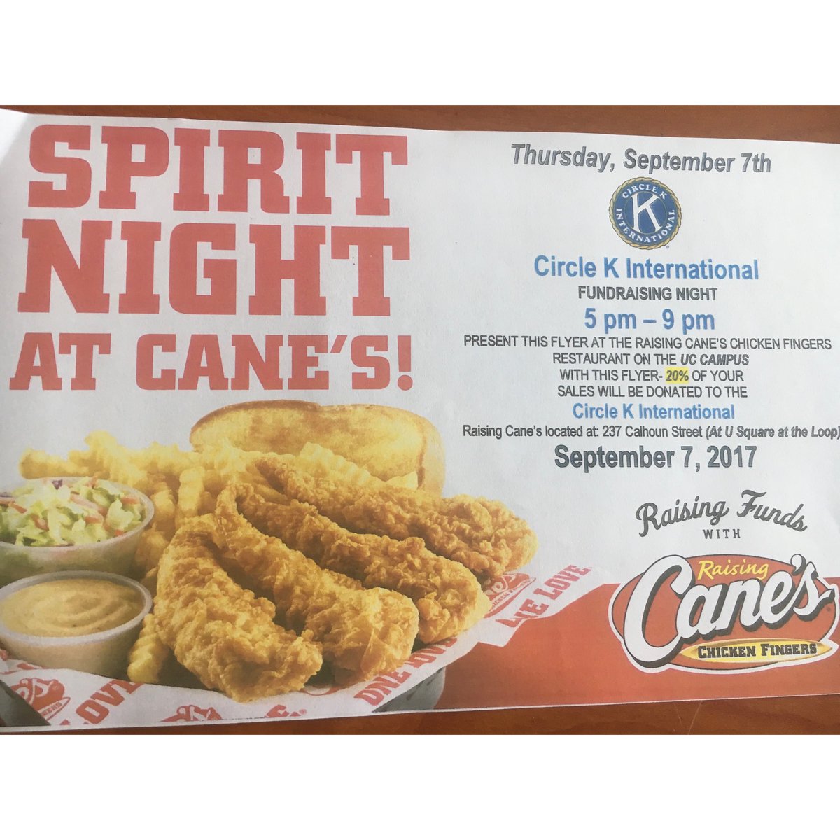 UC_CircleK's tweet photo. If you're looking for an excuse to eat Canes tonight we got you covered!!! From 5-9pm there is a fundraiser for Circle K. https://t.co/Ic0TOKucCY