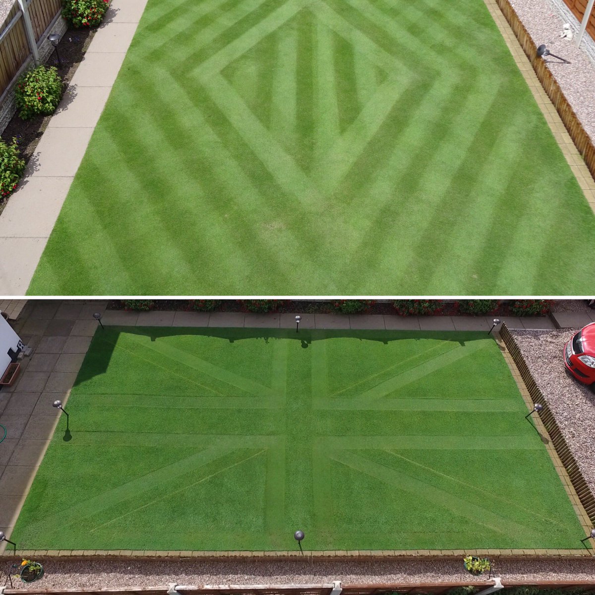 krs24976's tweet image. These are my 2 entries from last year and this year in the @AllettMowers creative stripe competition #creative #hardgraft #pushmower