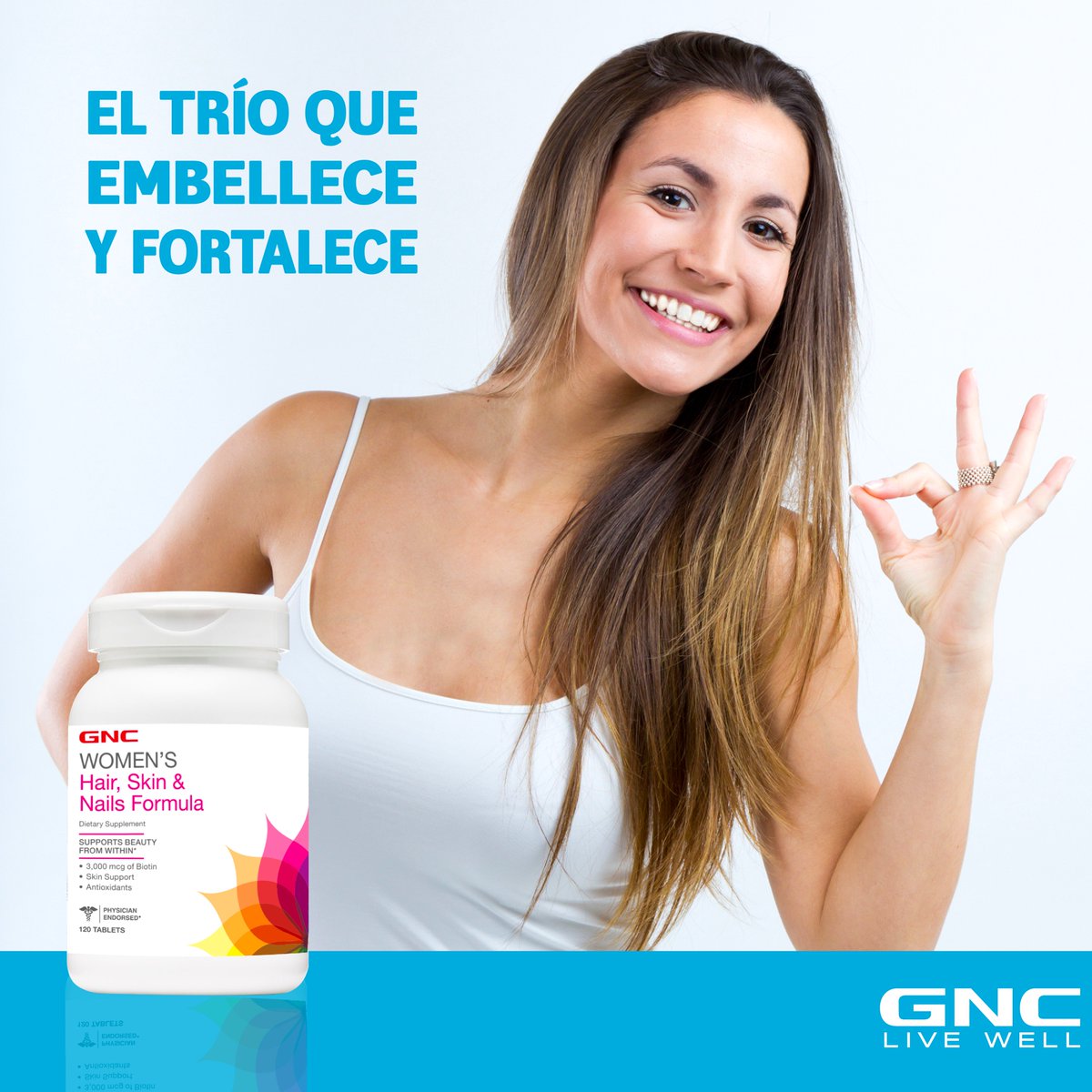 Más Hermosas con Women's hair, nails &amp; skin formula con 3.000mcg de Biotina, contribuye a una piel más sana gracias a sus antioxidantes.#GNC
