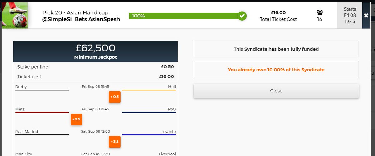 SimpleSi_Bets's tweet photo. Syndicate 100% Fully Funded by 14 members - Asian Spesh tomorrow at 19.45 #DERHUL #METPSG - lots of syndicates still available to join! https://t.co/vVmR9Qnj4t