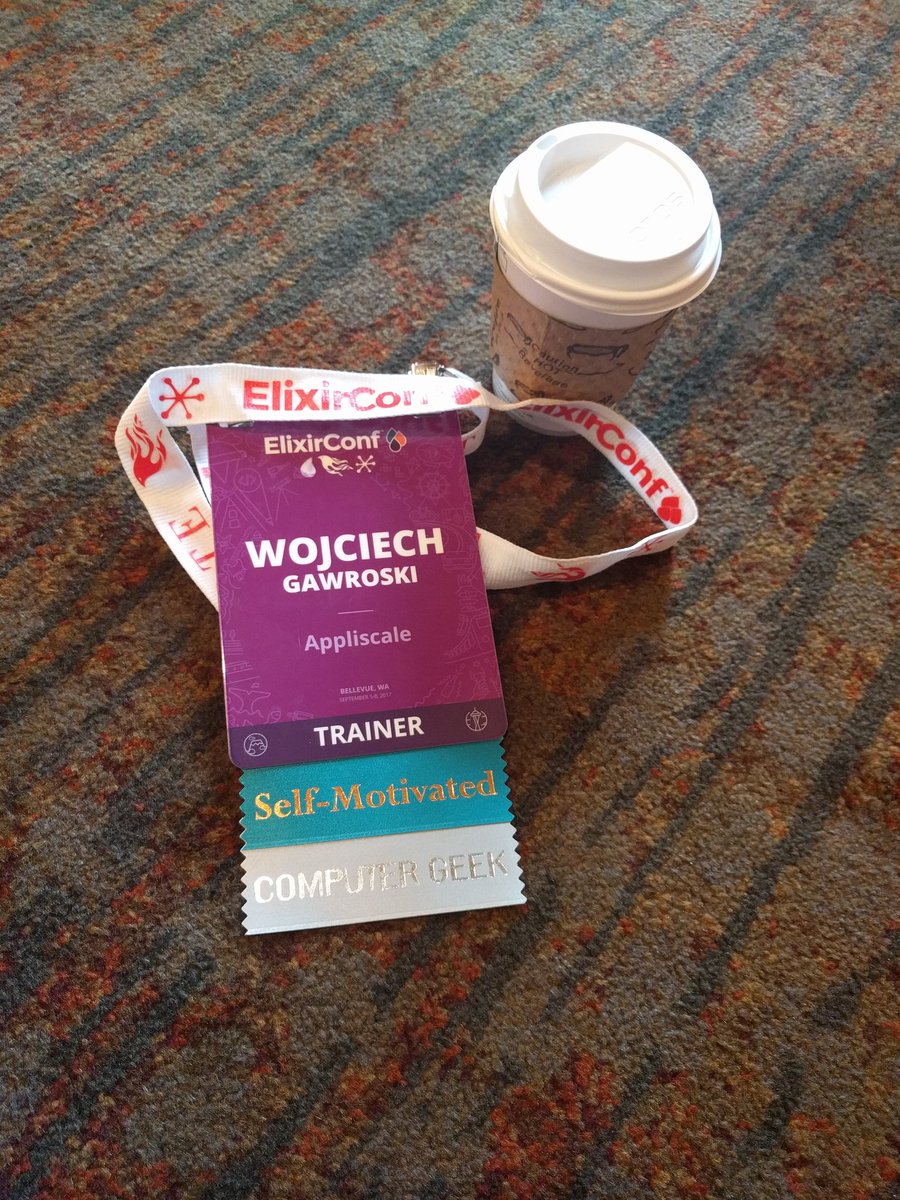 afronski's tweet image. Coffee (guess which brand as we are close to Seattle), badge and we can &quot;start&quot; enjoying conference (even without ń). ;) #ElixirConf2017
