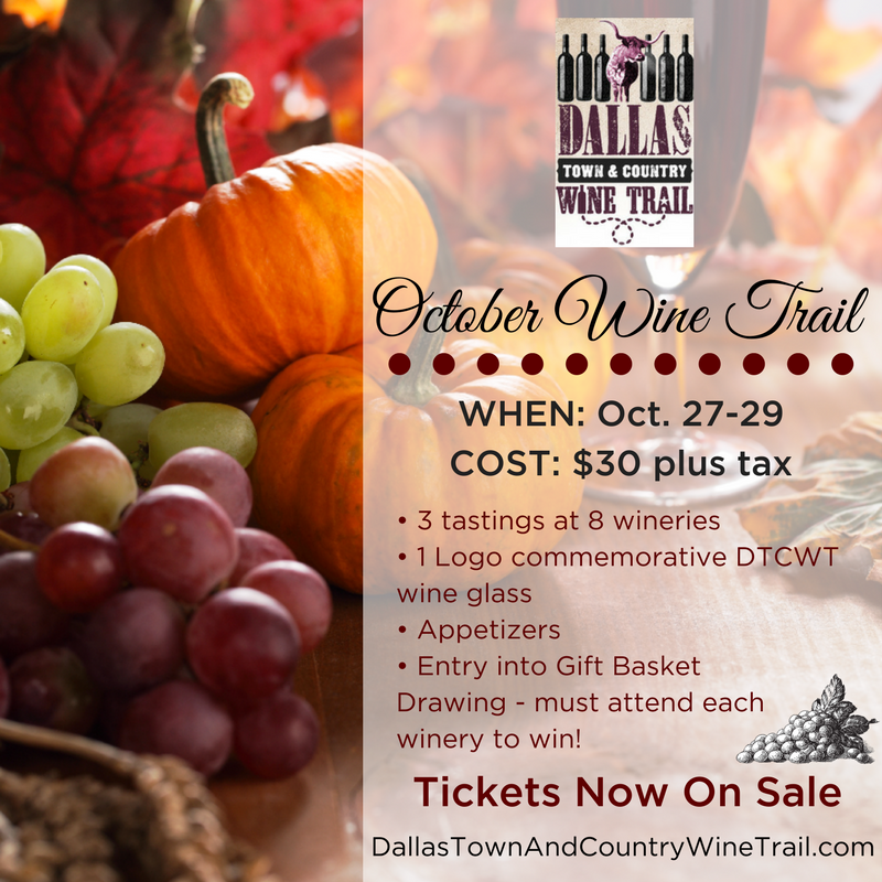 DallasTCWineTrl's tweet photo. Tickets are now on sale for our Oct #winetrail! Your $30 ticket will offer you 3 #tasting selections from each of our 8 #wineries and more! https://t.co/SJmV1Timfn