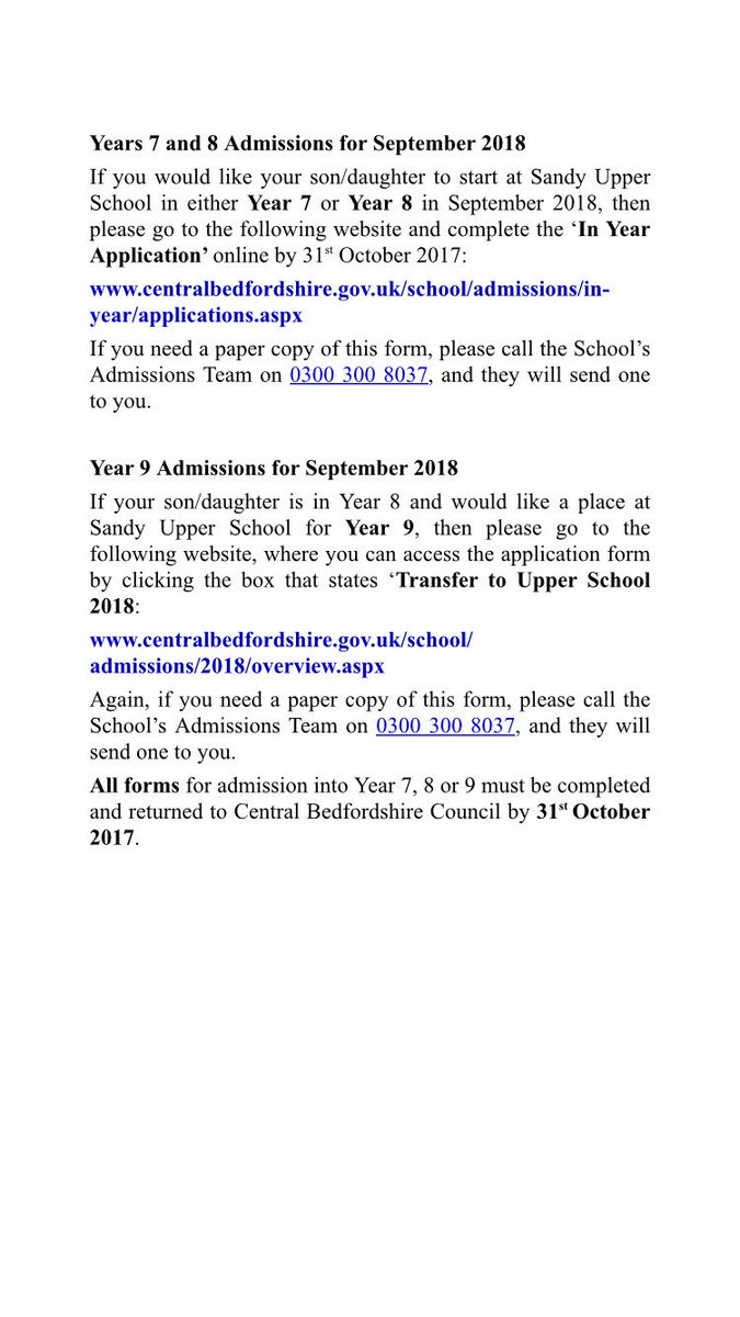 SandyUpper's tweet image. Admission information for year 7, 8 and 9 students