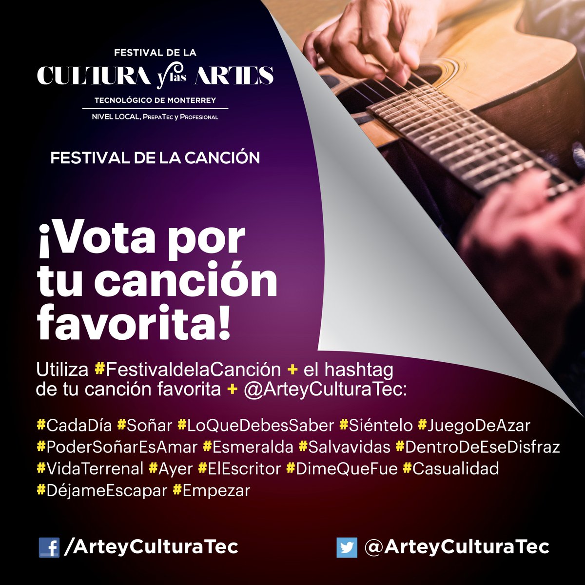 ArteyCulturaTec's tweet photo. ▶️ Vota por tu canción🎤 favorita utilizando el hashtag #FestivaldelaCanción + el hashtag de tu canción favorita + @ArteyCulturaTec. https://t.co/wGYHgj67JI