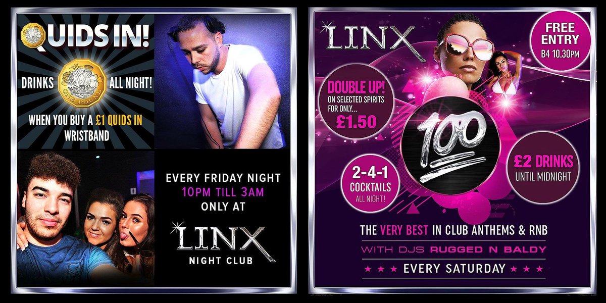 LinxNightClub's tweet image. We have a massive weekend approaching…
FRI: Quids In hits Rayleigh!
SAT: 100 with the best DJ’s in the business - Rugged &amp;amp; Baldy