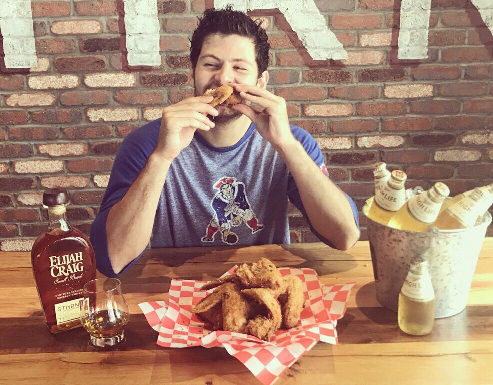 southern_kin's tweet photo. Our buddy Tyler is enjoying our Patriot Game Day Special: bucket of wings, bucket of Miller Highlife and a shot of Bourbon! #gametime https://t.co/KsfFOQMhxn