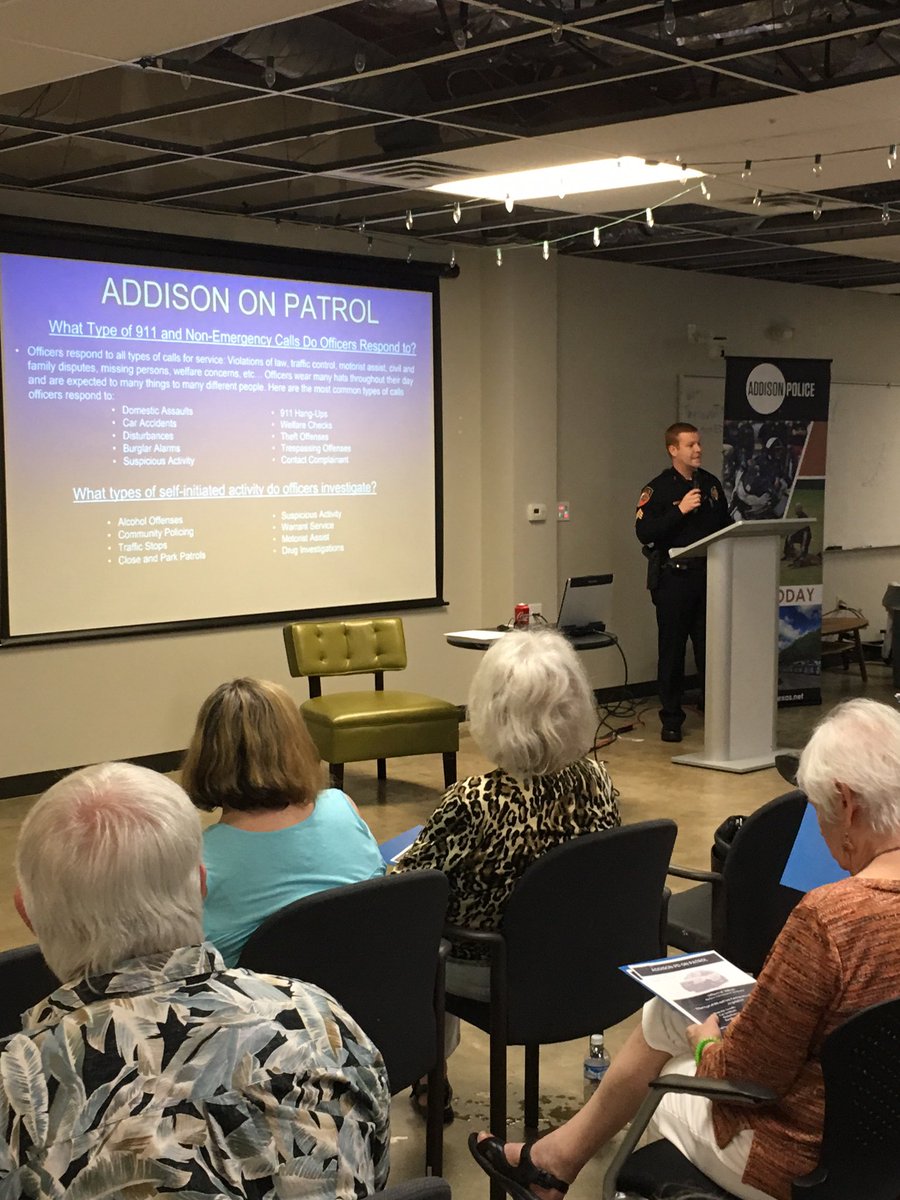 addisonchief's tweet photo. Great turn out for our community meeting at the #addisontreehouse last night. Crime prevention is a partnership w/the community #AddisonPDTx https://t.co/bMUORbZsNO