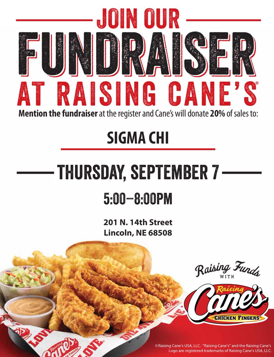 NebraskaSig's tweet photo. Don't forget to stop by Cane's today from 5-8 and mention Sigma Chi! All proceeds go to the #HuntsmanCancerFoundation! https://t.co/87xh2CtoOU