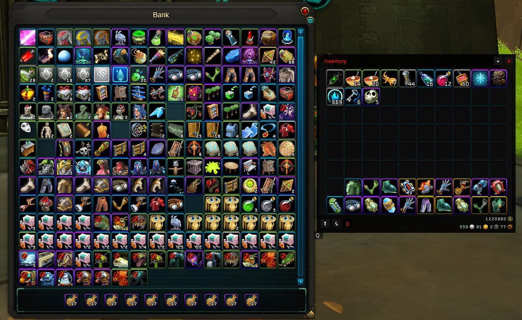 CirindeFitch's tweet photo. This is how my bank looks, too many things to store to keep my inventory clean. #wildstar #hoardingproblem https://t.co/dHNgZzIPPi