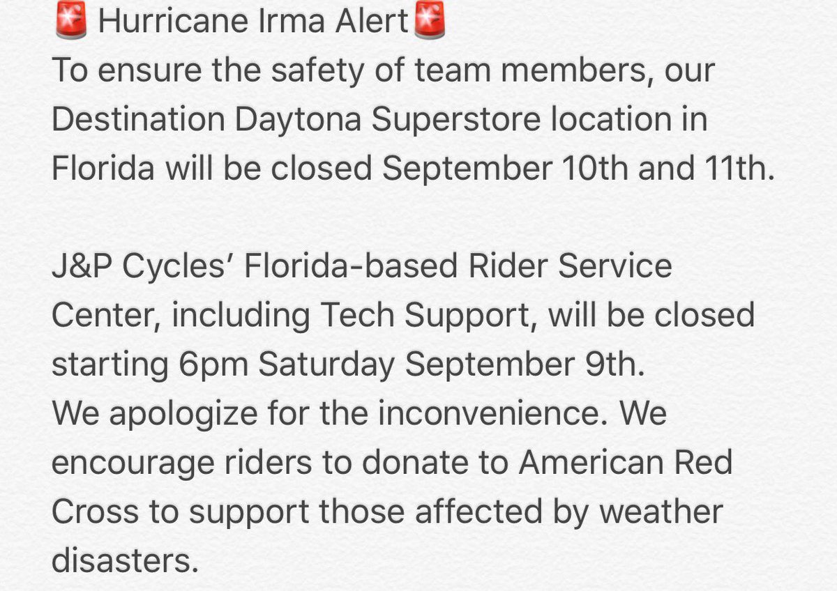IMPORTANT INFORMATION from J&amp;P Cycles regarding Florida Operations:
