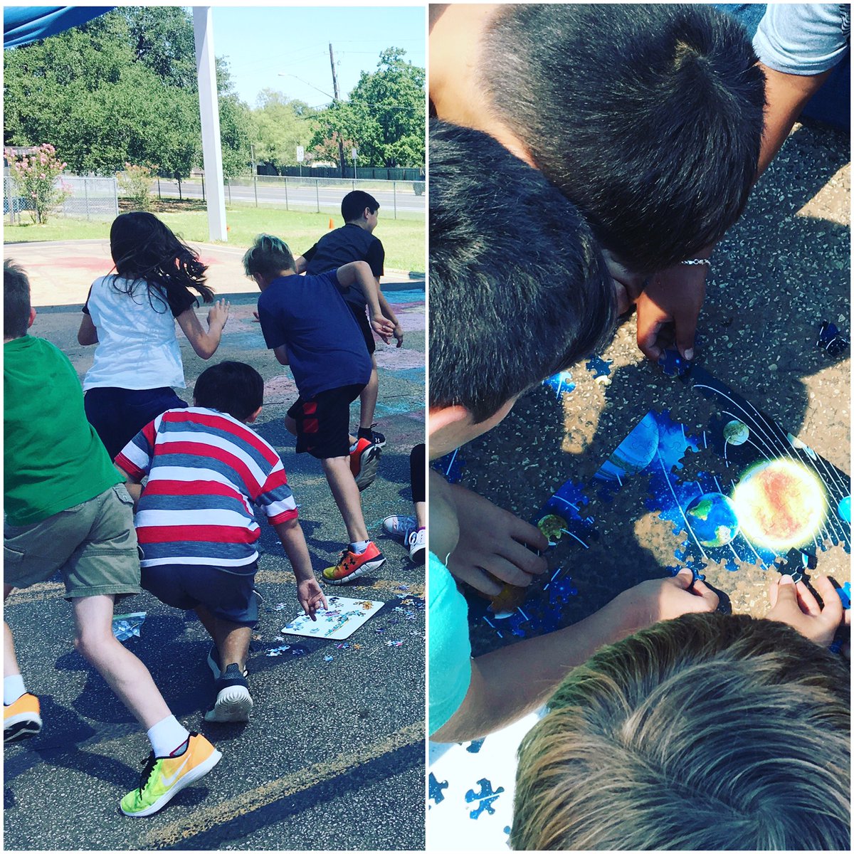 Puzzlemania on this beautiful day! Kids are loving this puzzle/endurance/teamwork challenge! @AISDHealthPE ❤️🏃🏼‍♀️