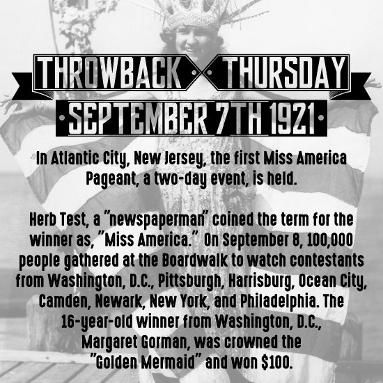 UpdegraffGroup's tweet photo. #ThrowbackThursday #OTD 1921 #AtlanticCity the 1st #MissAmericaPageant is held. #MargaretGorman was crowned the #GoldenMermaid #MissAmerica https://t.co/e7Lv9oxYYF