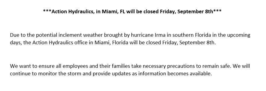 GulfControls's tweet image. *Our Action Hydraulics office in Miami, FL will be closed Friday, Sept. 8 due to the potential inclement weather brought by hurricane Irma*