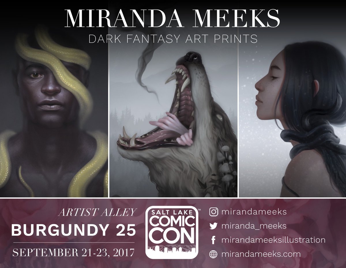 miranda_meeks's tweet photo. I'll be at @slcomiccon from September 21-23! Artist Alley, Burgundy #25. I'll have lots of fancy prints available 🖤 come say hi! #SLCC17 https://t.co/oq4fMriWnP
