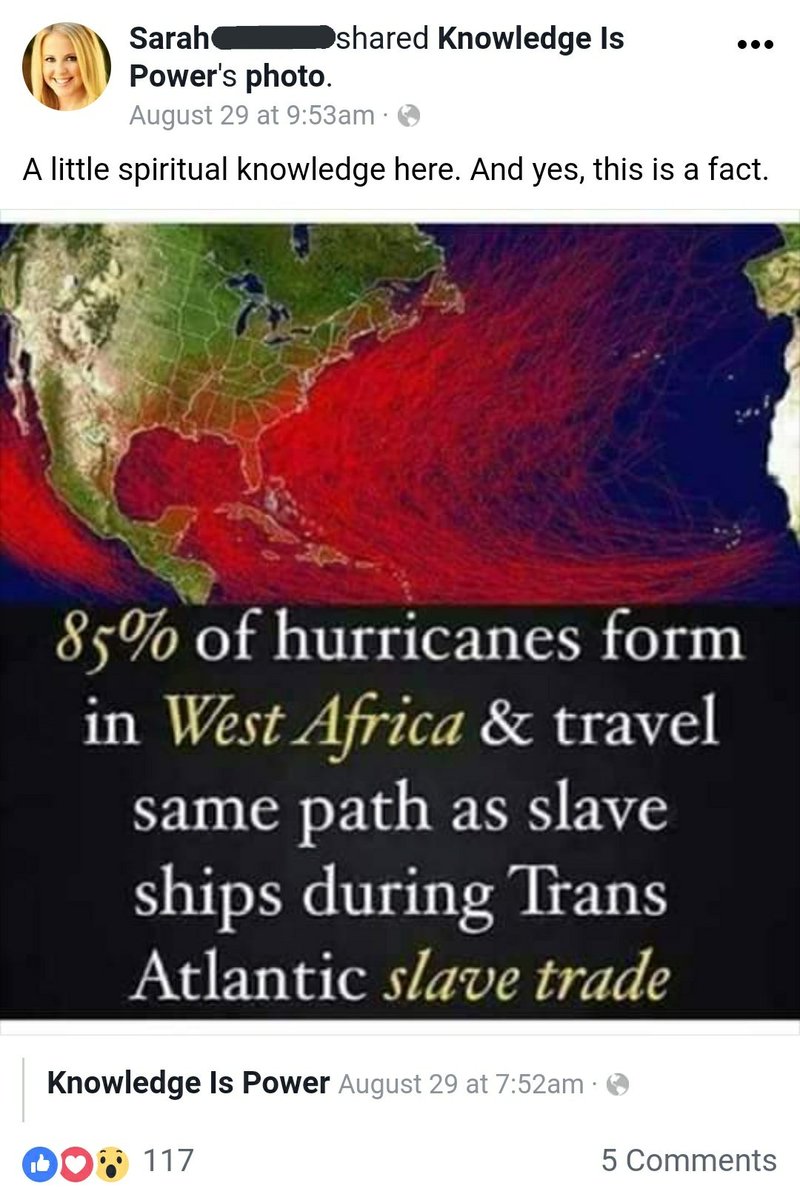 TheSafestSpace's tweet photo. Hurricanes generally follow the same paths as slave ships because:

(A) Trade winds ✔

(B) They are guided by the vengeful souls of slaves ❌ https://t.co/Qe127ViKB0