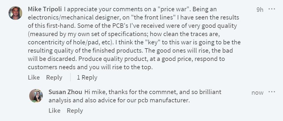 ZTO_PCB's tweet image. Shared the brilliant advice to PRICE WAR for both of us in the PCB industry. &quot;The good ones will rise, the bad will be discarded.&quot;