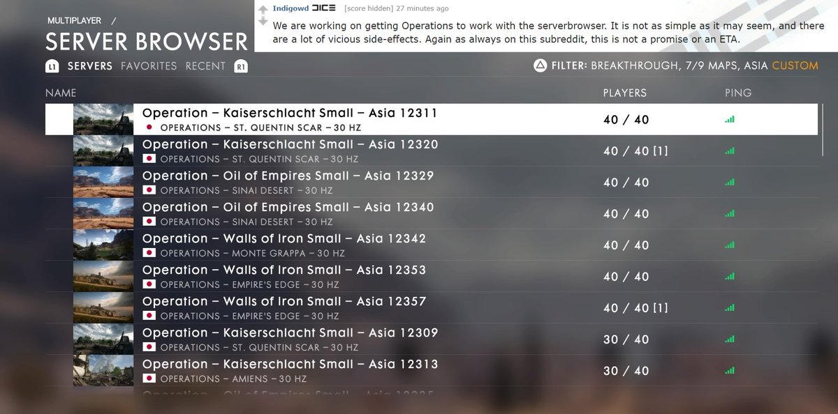 Battlefield Bulletin on X: REPORT: DICE is still working on getting  Operations to work with the Server Browser. No promises, no ETA yet.  Fingers crossed #BF1.  / X