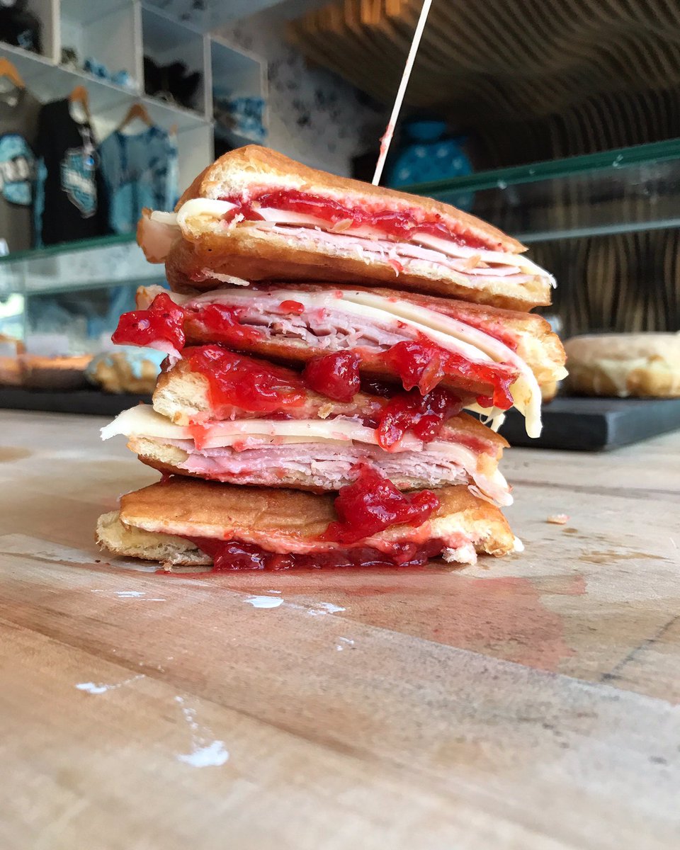 The MonteCristDone: egg washed bizmarks toasted with smoked ham, fresh strawberry jam and Swiss cheese. $5 All day and night now til Sunday.