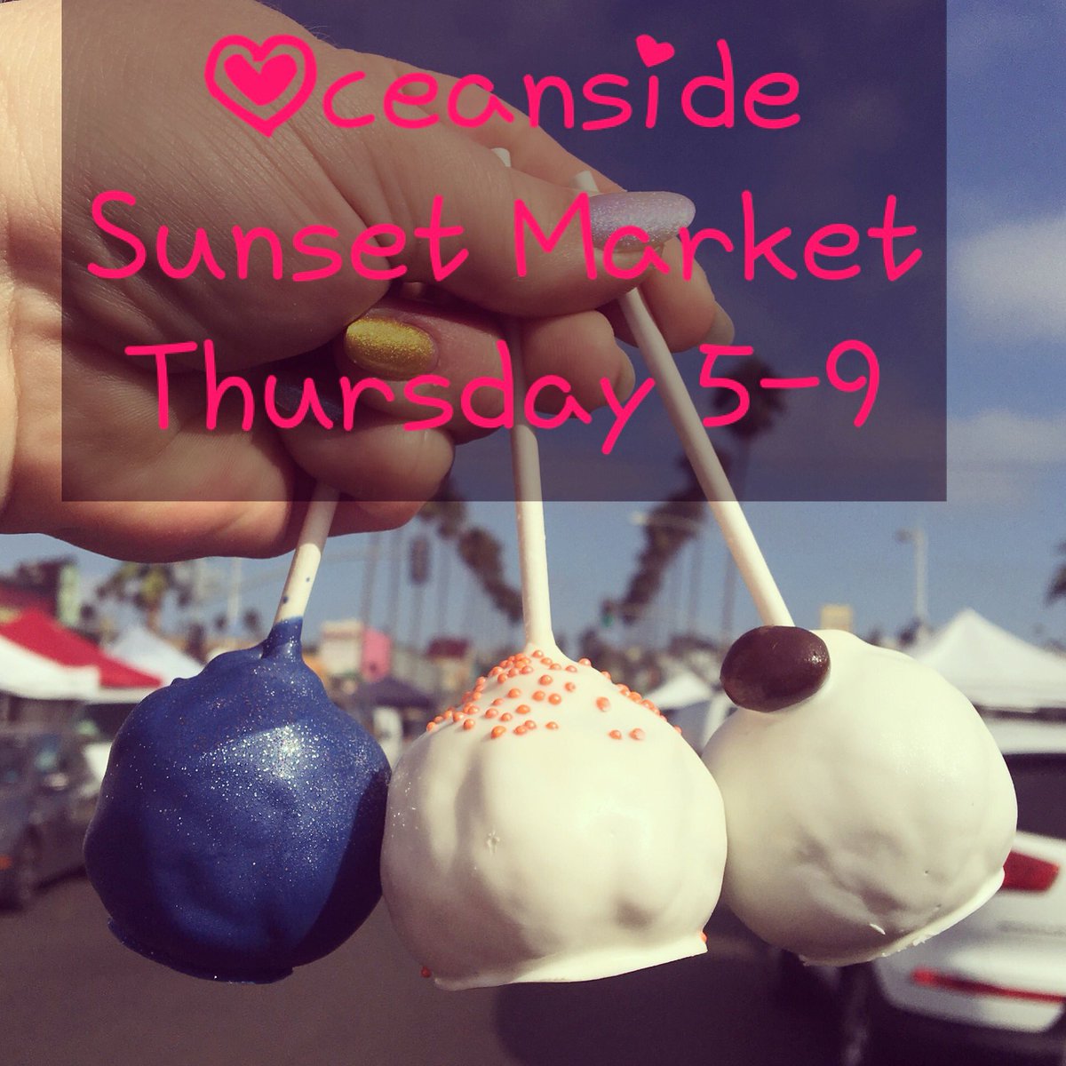 The #sun is going down and there's a #beautiful breeze at the #oceansidesunsetmarket today 5-9! Come get some #cakepops #shopsmallsandiego