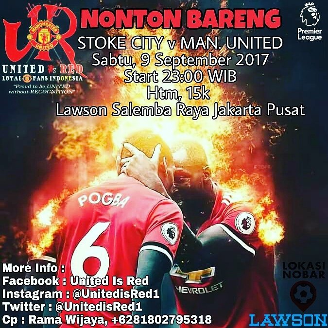 [INFO NOBAR]

Stoke City vs Man United
Sabtu, 09 September 2017
Start pukul 23.00 WIB
<a href="/Lokasi_Nobar/">Lokasi Nobar</a> <a href="/Lawson/">Rick</a> Salemba Raya, Jakarta Pusat