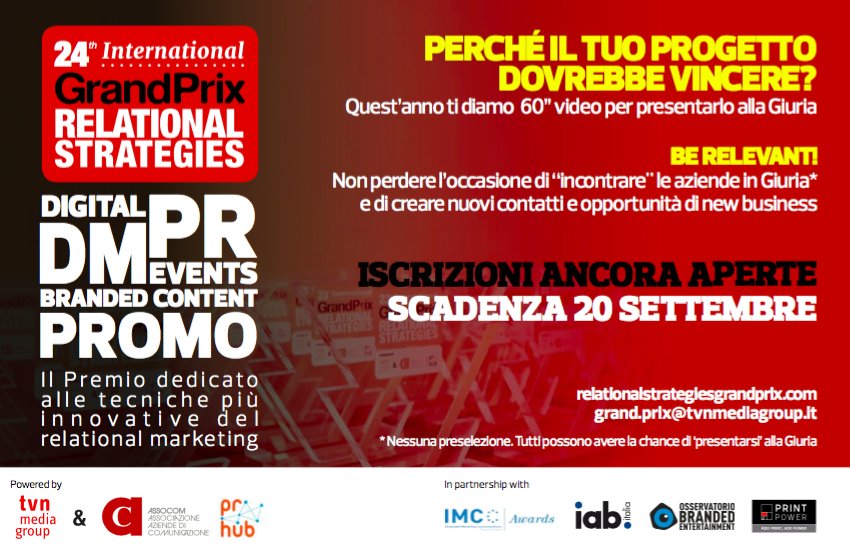GrandPrixTVN's tweet photo. Perché il tuo lavoro dovrebbe vincere? Hai 60" per presentarlo alla Giuria. Iscrizioni ancora aperte https://t.co/iceC8Zoxaz
#GPRelational24 https://t.co/QM7J50gJzz