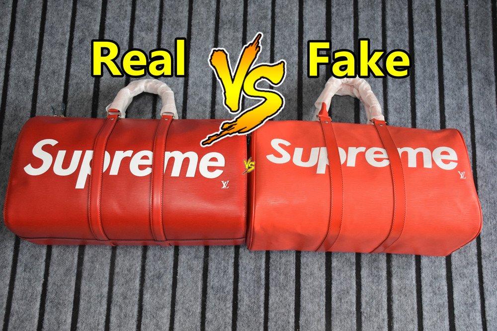 pksneaker on X: REAL VS FAKE COMPARISON- Louis Vuitton x Supreme DUFFLE  BAG Red   / X