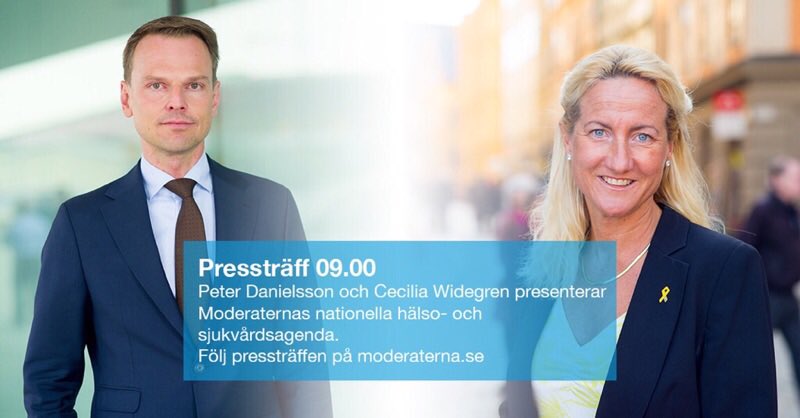 moderaterna's tweet photo. I dag kl 9.00 presenterar  @peterdanielsson &amp; @WidegrenCecilia ny nationell hälso- och sjukvårdsagenda. Följ live: https://t.co/cHlhwoPH3p https://t.co/WL0M740P5b