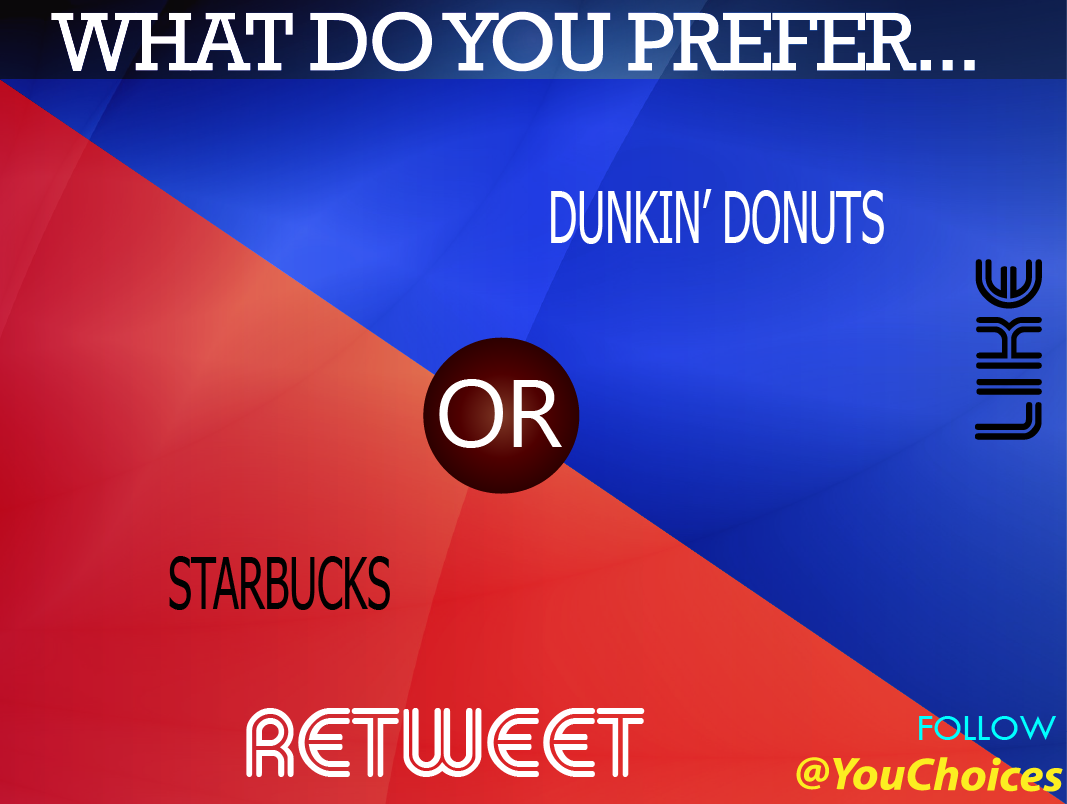 YouChoices's tweet photo. Starbucks or Dunkin' Donuts? https://t.co/uTtS2K9Kcr