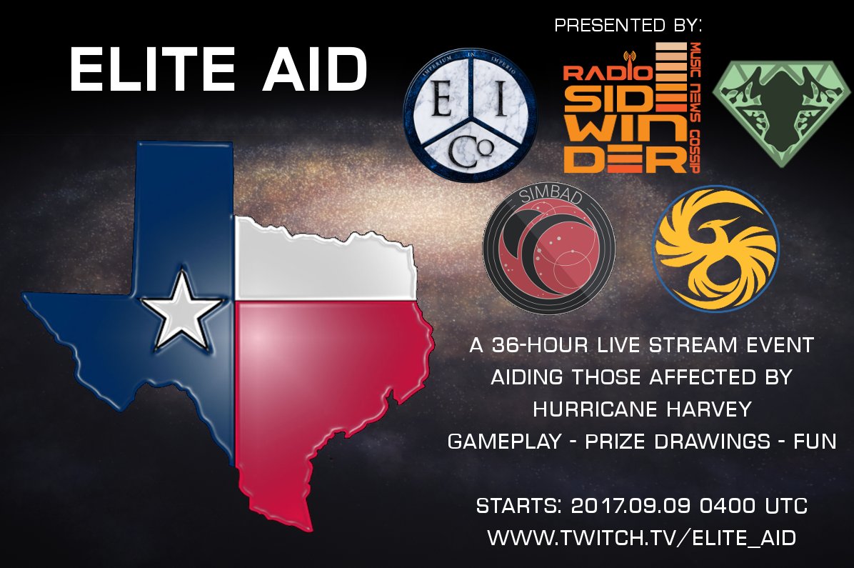 SimbadGaming's tweet photo. We're streaming this weekend for #eliteaid17 Come enjoy the show, take part in events, & aid those affected by hurr. Harvey #elitedangerous https://t.co/ye5ID25eT8
