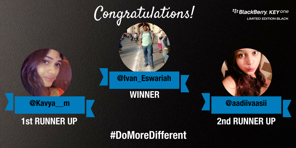 BBMobileIndia's tweet photo. The time has come! Congratulations @Ivan_Eswariah , @Kavya__m &amp; @aadiivaasii on winning the #DoMoreDifferent Contest! https://t.co/d1CoKS0UBJ