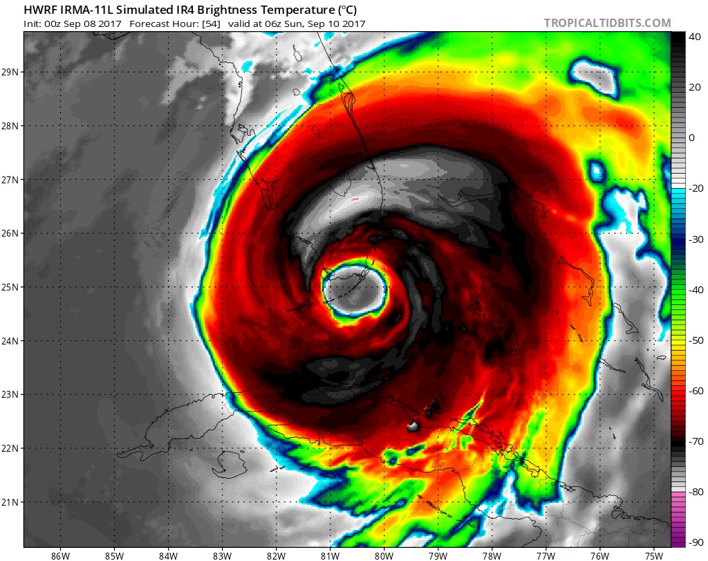 A truly horrific image:
Hurricane Irma is the size of Florida in tonight's high-res HWRF model prediction of Sunday morning. Heaven help us.