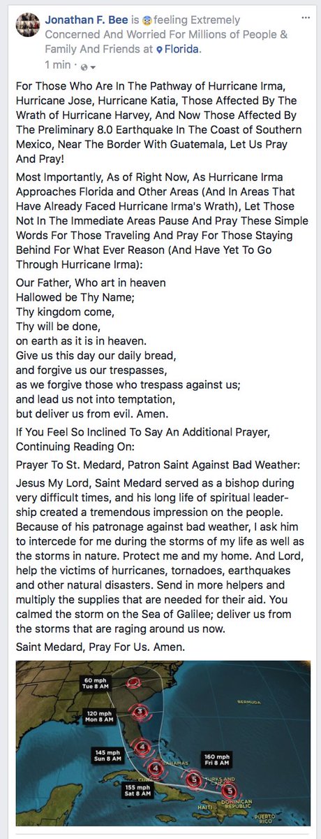 JonathanFBee's tweet photo. #Let #Us #ALL #PRAY For #Victims & #FutureVictims of #HurricaneHarvey, #HurricaneIrma, #HurricaneJose & #HurricaneKatia & #MexicoEarthquake! https://t.co/bRDc9zBBYb