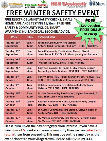 CornwallFRS's tweet photo. Winter is coming! #Cornwall is offering #free electric blanket safety checks, small appliance testing, £1 per item &amp; much more. Please RT. https://t.co/uPl0ZU9ALH