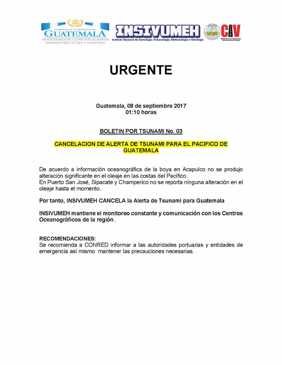 ConredGuatemala's tweet photo. ⚠️CONRED INFORMA⚠️
De acuerdo al monitoreo en costas del Pacífico, nuestro ente científico INSIVUMEH CANCELA LA ALERTA DE TSUNAMI. https://t.co/ZGaZtMzHNR