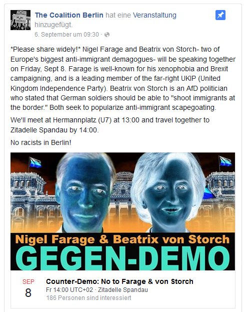 Bitte RT! Heute #AfD-Veranstaltung mit #beatrixvonstorch und #NigelFarage (UKIP) in #Berlin-#Spandau. de-de.facebook.com/events/7571585…