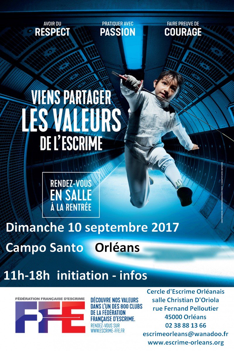 Envie de faire de l'escrime? rejoignez nous dim 10/09 au #camposanto d'#orléans Initiations 🤺 avec les maîtres d'armes d'<a href="/ESCRIMEORLEANS/">Cercle d'Escrime Orléanais (CEO)</a>